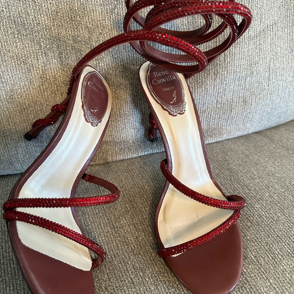 Rene Caovilla Burgundy Red Strappy Crystal Wrap Sandals - Picture 12 of 16